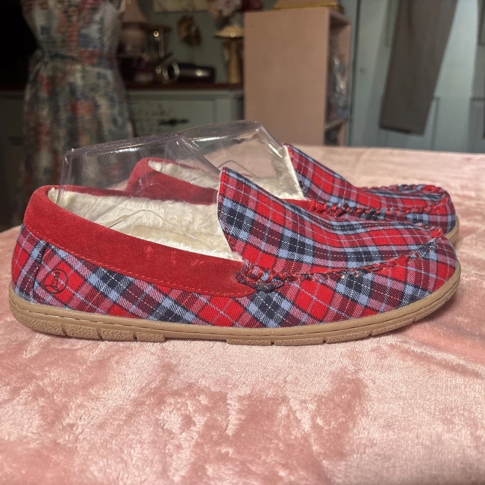 Lands' End Women's Red Blue Tartan Plaid Flannel Moccasin Faux Shearling Sz 9